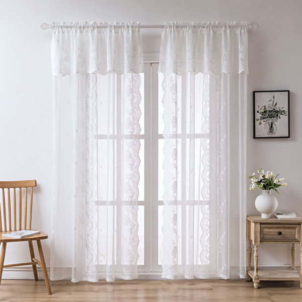 DeluxeMogul Sheer White Lace Curtains 84 Inches Long 2 Panels Rod